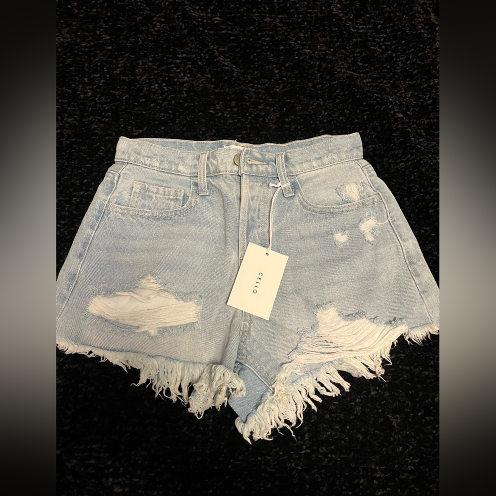 Cello Blue Jean Shorts with Distressed Fringe